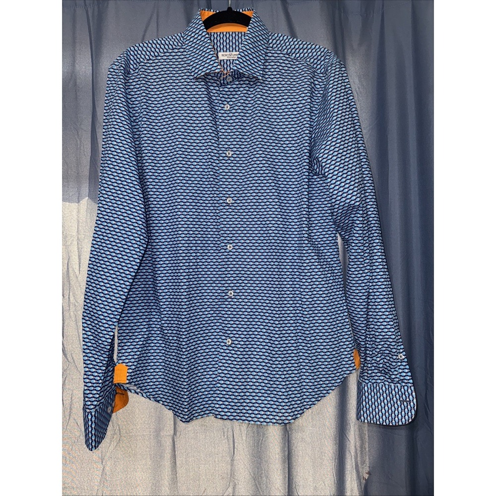 Nerosfumato Positano Fish Pattern Italian Cotton Shirt XL Blue Slim Fit